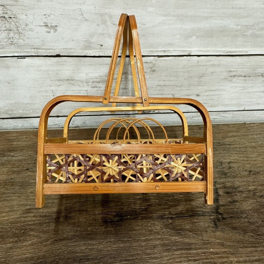 Bamboo Coaster Caddy Holder Flowers Light Brown Wood Intricate Details